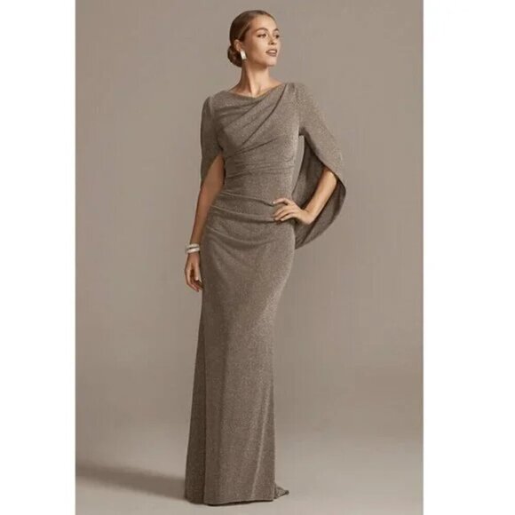 BETSY ADAM Jenna Long Metallic Draped Cowl Back Gown in Taupe/Silver Size US 10 - Picture 1 of 13